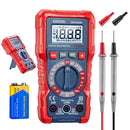 Red digital multimeter with accessories on a white background