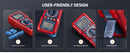 A promotional graphic for a red digital multimeter with four feature callouts under the heading 'USER-FRIENDLY DESIGN.' The panels show the multimeter from different angles, including a side view with blue '15-Min' text, a close-up of the dial, a close-up of the screen/battery area, and a kickstand view.