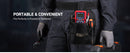 A person wearing dark work clothes and gloves, shown from the back with a black utility pouch on the waist holding a red digital multimeter and other tools. White text on the left reads 'PORTABLE & CONVENIENT' and 'Fits Perfectly in Pockets & Toolboxes'.