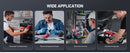 A promotional banner with the heading 'WIDE APPLICATION' above four panels showing electricians and technicians using red multimeters for household troubleshooting, electrical engineering study, electrician services, and automotive diagnosis.