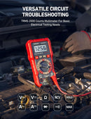 AstroAI Red multimeter on a car battery with text about versatile circuit troubleshooting.