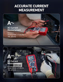 AstroAI Person using a multimeter to measure current on a car battery with text 'Accurate Current Measurement'.