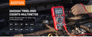 An AstroAI DM200M TRMS 2000 Counts Multimeter in red and black, shown being used on a car engine bay with a person's gloved hand visible, alongside product specifications and feature icons.