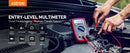 An Astron entry-level multimeter with a red and blue body is being used by a person to test a car battery engine compartment, with product features listed on the left.