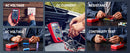 A 5-panel collage demonstrating a multimeter in use for automotive diagnostics. The panels show hands testing AC Voltage, DC Current, Resistance, DC Voltage, and Continuity Test on a car battery and electrical components, with white text labels on a dark gray background.