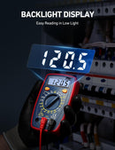 AstroAI - Multimeter with digital display showing a reading of 12.05, held against a dark background with electrical components.