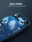 Close-up of a blue electronic circuit board component with glowing blue highlights and text reading 'DUAL FUSES' and 'Overload Protection for Enhanced Safety' on a dark background.
