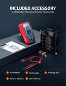 AstroAI - Multimeter with test leads, packaging box, and user manual on a dark surface