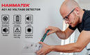 A man using a handheld NAIMATEK AC1 AC Voltage Detector on a wall outlet, with product features and the NAIMATEK brand logo displayed on the left side of the image.