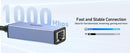 A blue-gray Ethernet adapter with a black RJ45 port, shown on a light blue graphic background with text reading '1000 Mbps' and 'Fast and Stable Connection.'.