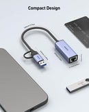 USB-C to Ethernet adapter with dimensions labeled on a light gray background