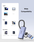 USB adapter with compatibility icons for laptops, tablets, and smartphones on a light gray background.