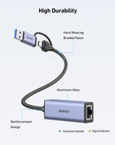 USB to Ethernet adapter with labeled features on a white background