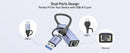 USB-C to USB-A and Ethernet adapter with dual ports design, shown on a light gray background with labeled callouts for USB-A, USB-C, and Ethernet.