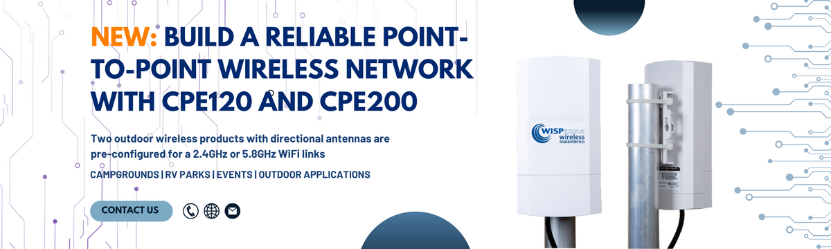 New: Build a reliable point-to-point wireless network with CPE120 and CPE200. Two outdoor wireless products with directional antennas are pre-configured for a 2.4Ghz or 5.8GHz WiFi links. Ideal for campgrounds, RV parks, events, outdoor applications