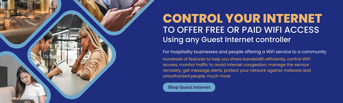 Control your Internet to offer free or paid WiFi access using any Guest Internet controller. For hospitality businesses and people offering a WiFi service to a community. Hundreds of features to help you share bandwidth efficiently, control WiFi access, monitor traffic to avoid internet congestion, manage the service remotely, get message alerts, protect your network against malware and unauthorized people, much more.