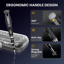 Ecraber precision screwdriver with ergonomic handle design, shown alongside its clear storage case on a dark blue background with feature call outs for 360-degree rotating top cap, anti-slip grip, and strong magnetism.