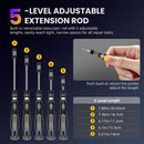 Ecraber - A product infographic for a 5-level adjustable extension rod set for precision screwdrivers. The graphic shows five telescopic screwdriver rods in ascending length, numbered 1 to 5.
