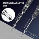 Ecraber - Promotional graphic for magnetic driver bits showing two screwdriver bits engaging with a screw, plus a circular close-up of the magnetic tip and explanatory text on a dark blue background.