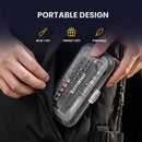 A clear plastic Ecraber 48-piece screwdriver set being inserted into a black zippered pocket, with hands holding the case. The image features text overlays reading 'PORTABLE DESIGN' and '48 IN 1 SET', 'PERFECT GIFT', and 'PORTABLE'.