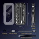 Ecraber multi-tool screwdriver set with a gray carrying case, screwdriver handle, crowbar, solid pick-up pin, extension pole, and stainless steel tweezers on a dark blue background with dimension labels.