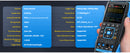 FNIRSI A close-up of a hand holding a black and blue ZW Instruments dual-channel signal analyzer, with a large blue specification chart overlaid on the left side detailing its technical features.