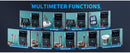 A promotional graphic titled 'MULTIMETER FUNCTIONS' showing multiple small multimeter screens and handheld multimeters demonstrating different measurement modes such as DC voltage, AC voltage, high current, small current, resistance measurement, capacitance measurement, buzzer on/off, probe coverage, and temperature measurement.