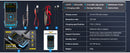 FNIRSI A multimeter testing kit shown with multiple components and a feature list on a dark blue background. The kit includes a blue and black digital multimeter, test leads, probes, a crocodile clip, an instruction booklet, and a power adapter.