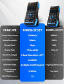 FNIRSI Two digital oscilloscopes with feature comparison on a blue stand