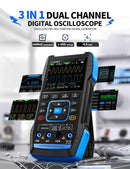 FNIRSI 3-in-1 dual channel digital oscilloscope with multiple display screens on a technical background