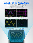 A promotional graphic for a FN Herstech waveform analyzer, showing the device at the bottom and four example waveform screens above labeled Math Operations, Cursor Functions, Infinite Afterglow, and X-Y Mode. Text at the top reads 'WAVEFORM ANALYSIS' and '8 BASIC OPERATIONS + FFT OPERATIONS'.