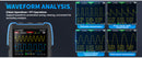An FNRST waveform analyzer device shown on a dark blue promotional graphic with multiple oscilloscope measurement panels. The text at the top reads 'WAVEFORM ANALYSIS' and lists features such as 8 basic operations, FFT operations, waveform screenshot saving, viewing, and convenient secondary analysis.