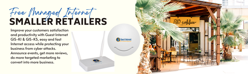 Free managed internet for smaller retailers. Improve your customers satisfaction and productivity with Guest Internet GIS-K1 & GIS-K5, easy and fast Internet access while protecting your business from cyber attacks. Announce events, get more reviews, do more targeted marketing to convert into more business.