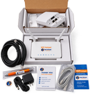 STAR-18 Kit - A WiFi Hotspot Guest Internet kit displayed in its open cardboard box, showing the white router with two antennas, a black Ethernet cable, a power adapter, a gray USB cable, a pen, a quick start guide, and a blue product card on a white background.
