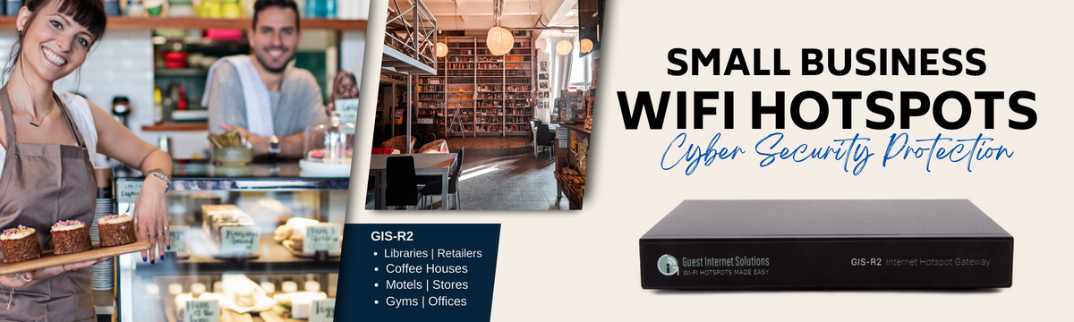 Guest Internet GIS-R2 for small business wifi hotspots with cyber security protection for libraries, retailers, coffee houses, motels, stores, gyms and offices.