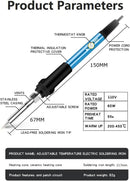 Adjustable temperature electric soldering iron with labeled parts and specifications.