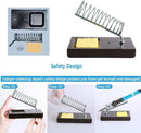 A soldering stand with a spring-loaded metal tip, shown in a product collage with close-up inset views, a yellow sponge insert, and three labeled steps explaining safety design and use.