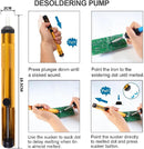 A soldering pump tool shown on a white infographic background with four usage panels and text instructions. The product is a metallic gold and black cylindrical hand tool with a plunger, and the image includes dimensions and arrows demonstrating use.