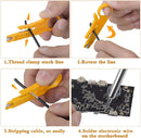 A four-panel instructional collage showing how to use a yellow thread clamp tool to remove, rotate, strip, and solder an electronic wire on a black circuit board. Text labels describe each step, and hands are visible holding the tool in each panel.