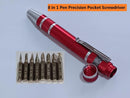 Red and silver 8-in-1 pen precision pocket screwdriver with additional bits on a light blue background