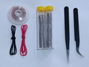 A small electronics repair or assembly kit laid out on a white background, including a spool of copper wire, two clear tubes of silver spring wire with yellow caps, a bundle of black wire, a bundle of red wire, and two metal tweezers.