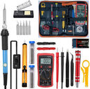 A comprehensive multimeter and soldering kit laid out on a white background, including a digital multimeter, soldering iron, various screwdriver bits, test leads, a soldering iron handle, a battery, and an orange carrying case.
