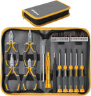 A 14-piece screwdriver and wire tool set displayed inside an open zippered black and yellow carrying case, with the matching case shown closed at the top. The tools have gray and yellow handles, silver metal shafts, and a gold-colored main screwdriver.
