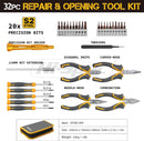 32-piece repair and opening tool kit with various tools on a white background