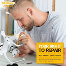 A man in a gray t-shirt is shown close-up working on a white drone with a pencil, set against a workshop background. Prominent text overlays read 'Hi-Spec Workshop' and 'YOUR RIGHT TO REPAIR'.