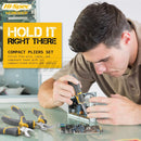 Person working on a computer motherboard with compact pliers set, Hi-Spec Workshop branding visible.