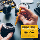 Person using a screwdriver on camera lens with 'Serious Tools Quality Results' label and ISO, ANSI logos.