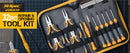 Hi-Spec Workshop 32-piece repair and opening tool kit in a black zippered case with orange accents, shown on a dark grid cutting mat with a yellow promotional text overlay.