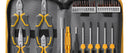 A 12-piece screwdriver and pliers tool set organized inside a gray zippered carrying case with yellow trim. The set includes gray and yellow-handled pliers, flathead screwdrivers with yellow handles, and a gold-colored driver bit.