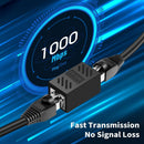 Network cable with Ethernet adapter on a blue digital background with speed indicator.